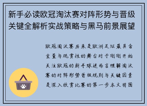 新手必读欧冠淘汰赛对阵形势与晋级关键全解析实战策略与黑马前景展望